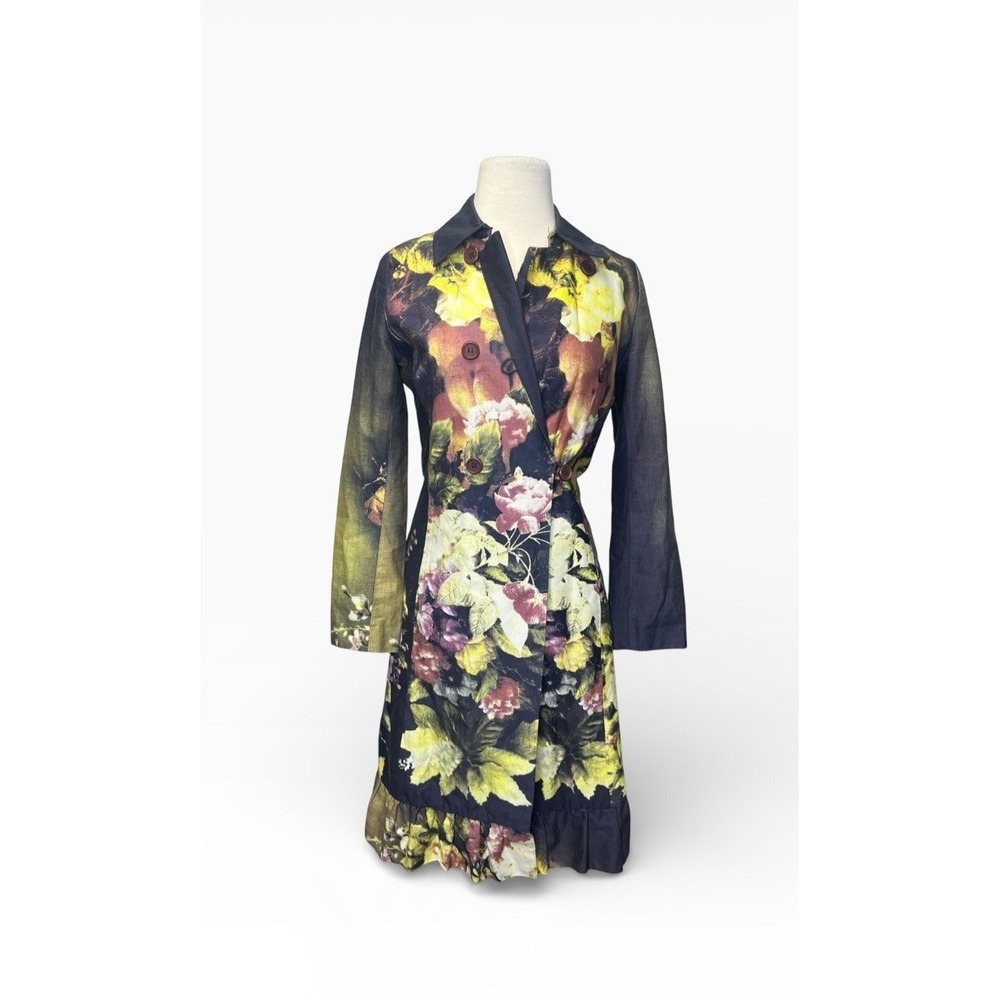 Y2K Vintage Cynthia Rowley Floral Trench‎ Coat Ruffle 2 Black Rose Jacket 90s
